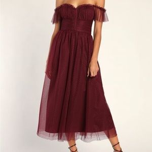 Burgundy Tulle Bustier midi dress